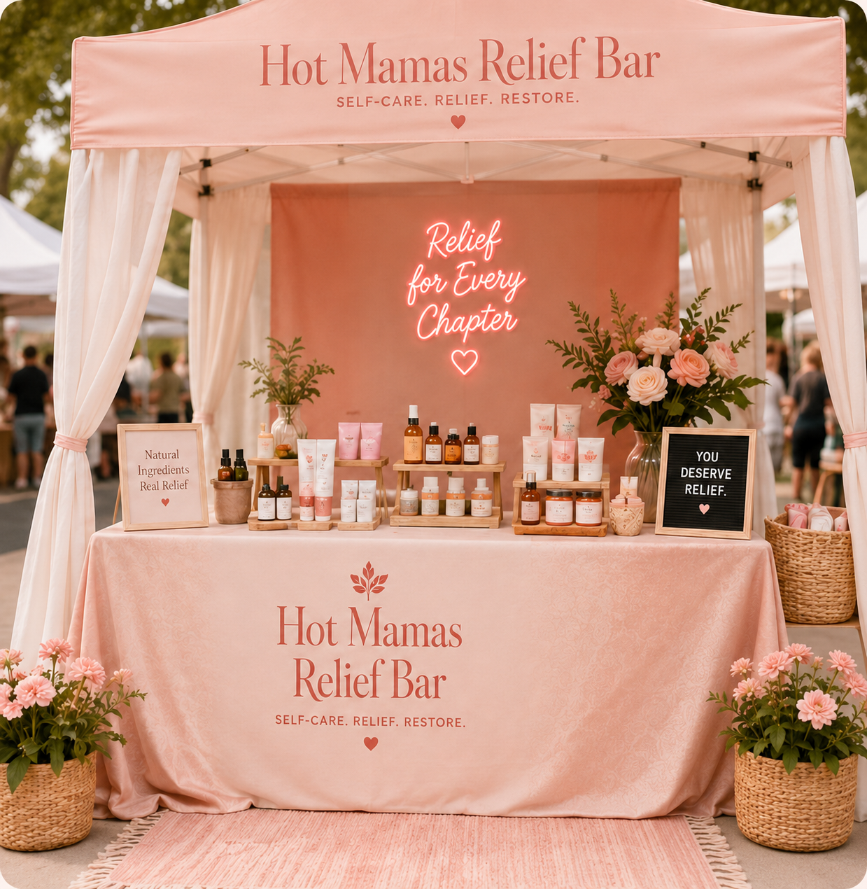 Hot Mamas Relief Bar pop-up booth with curated products